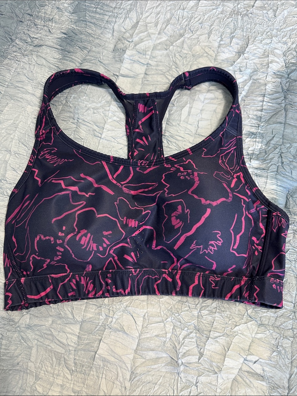 168. Avia Navy Blue Sports Bra with Hot Pink Floral Accents